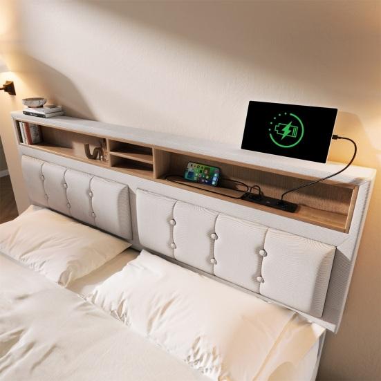 Storage Bed Double with 4 Drawers & Usb C Socket Upholstered 160x200cm Height Adjustable Headboard Slatted Frame Made of Wood (without Mattress)