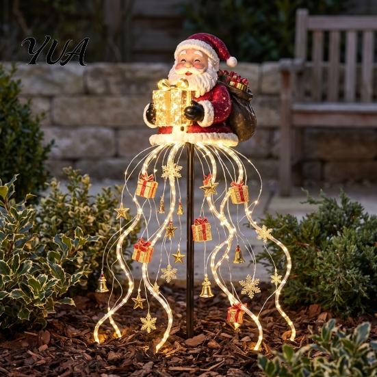 Decorative Solar Pathway Lighting Santa Claus Christmas Garden Light, LED Holding Gift Box Yard Stake Porch Holiday with Cascading String Lights