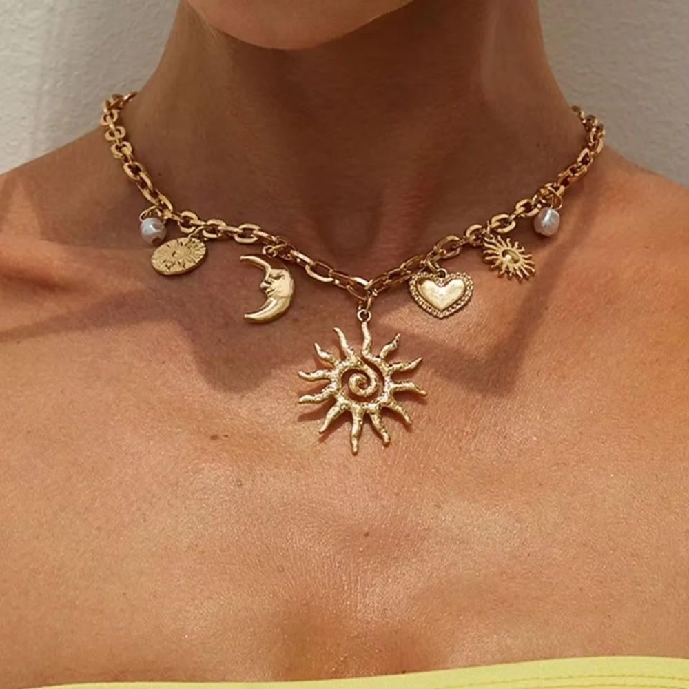 Heart Sun Moon Pendant Necklace Alloy Bridal Jewelry Vintage Chokers Necklace