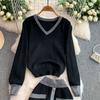 Autumn Winter Women Casual Knitted Sweater Two Piece Set V-neck Pullover Tops and Long Maxi Big Swing Skirt Suit