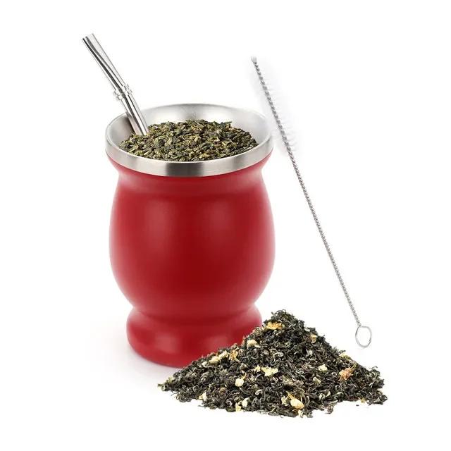 230ML Mate Cup 304 Stainless Steel Double Wall 8oz Portable Tea Mug Mate Tea Gourd with 2 In 1 Straw Spoon Give Cleaning Brush