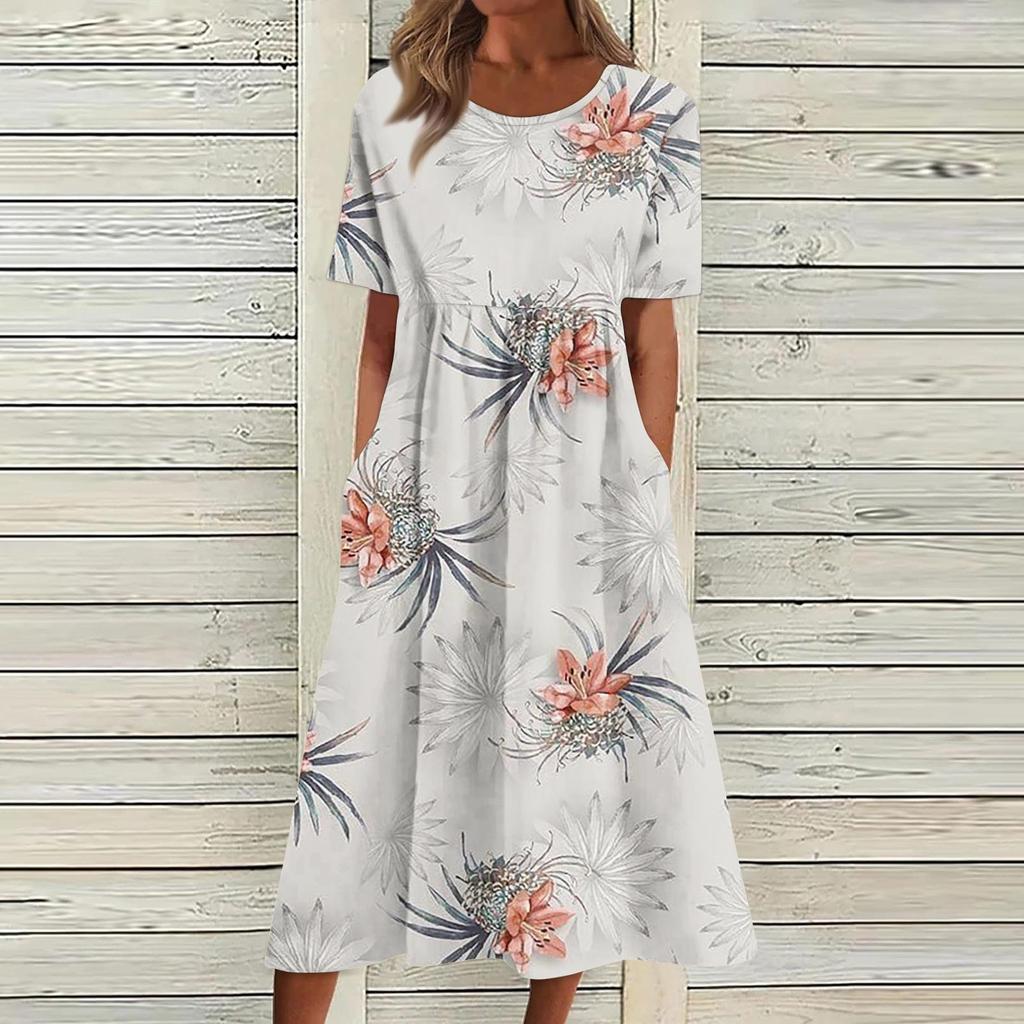 Women's Casual Dresses Printed Dresses Summer Dresses Printed Pleated Round Neck Midi Dresses Basic Classic Outdoor Daily Short Sleeve Loose Dresses