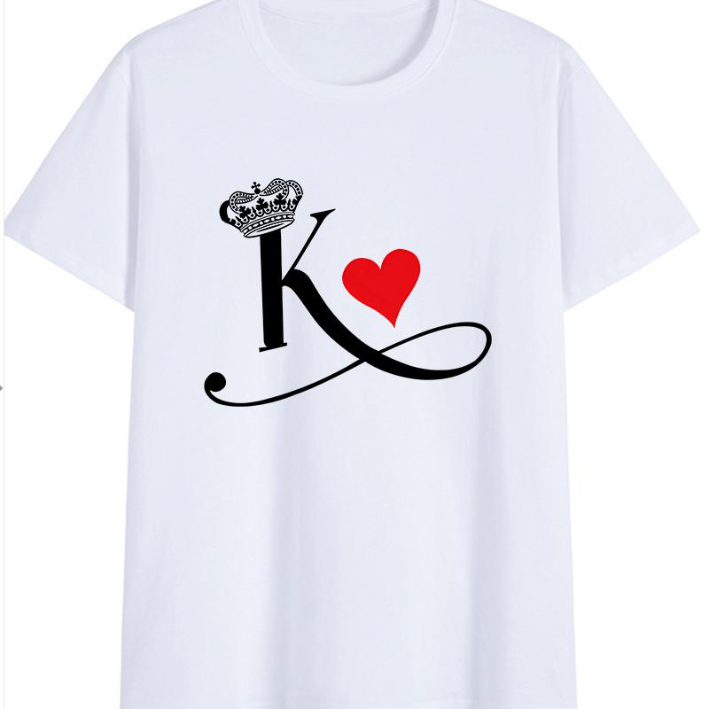 Polyester 100% New KING QUEEN Printed Short-sleeved Casual Couple T-shirt for Couples Women Clothing Graphic Aesthetic Summer