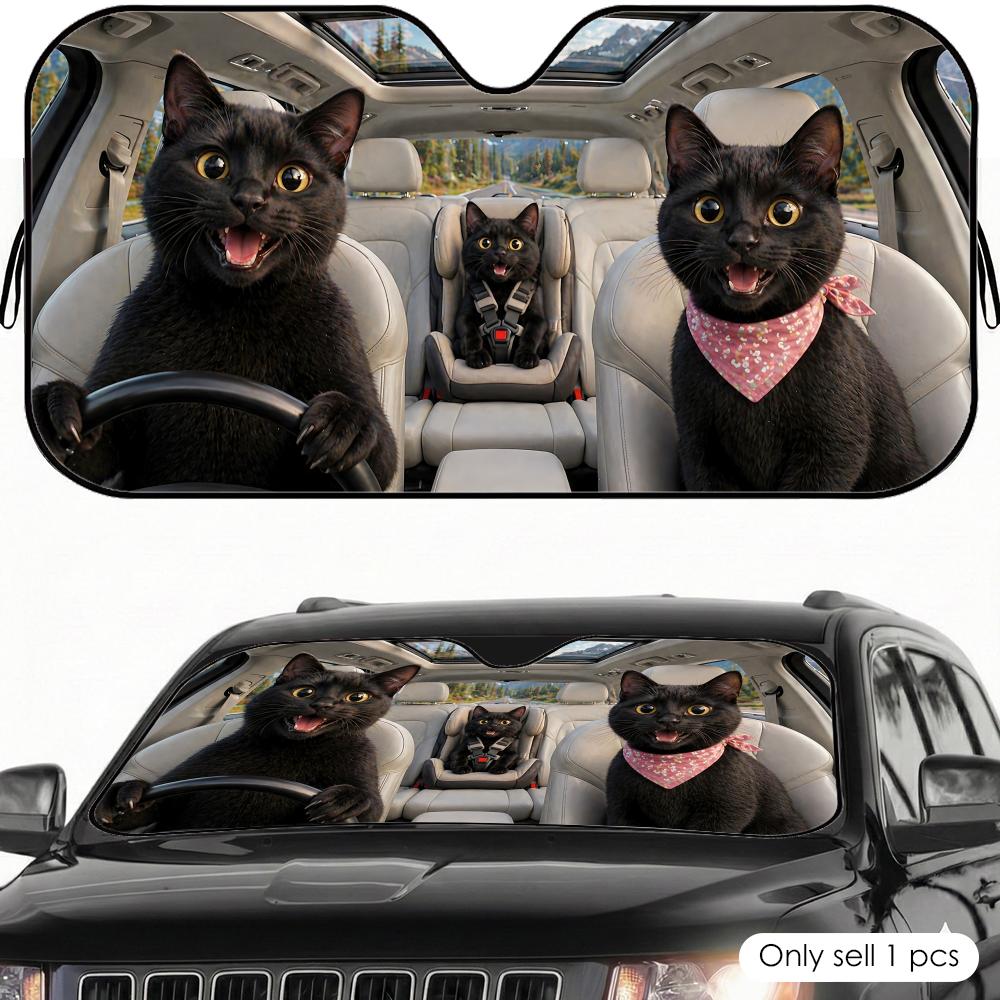 Funny Black Cat Family Sun Visor Car Windshield Sunshade UV Protection Reflective Foldable Heat Insulation Cover