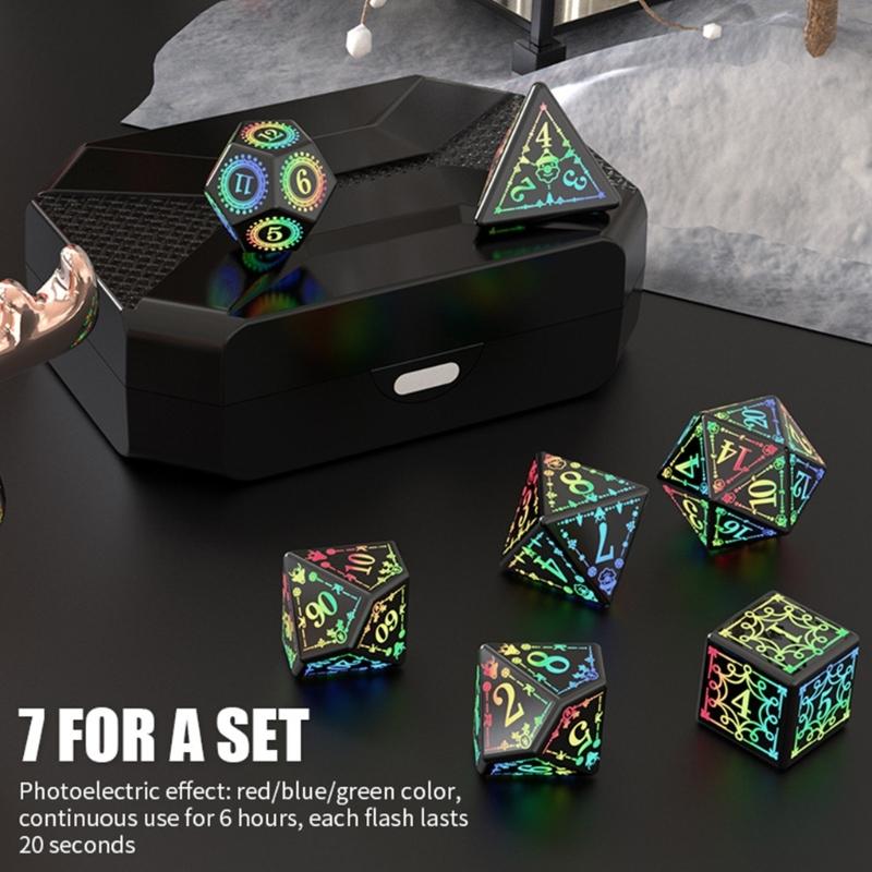 7 Pcs LED Light Electronic Dices with Charging Box Rechargable Glowing Polyhedral Dices Table Game Dices Durable