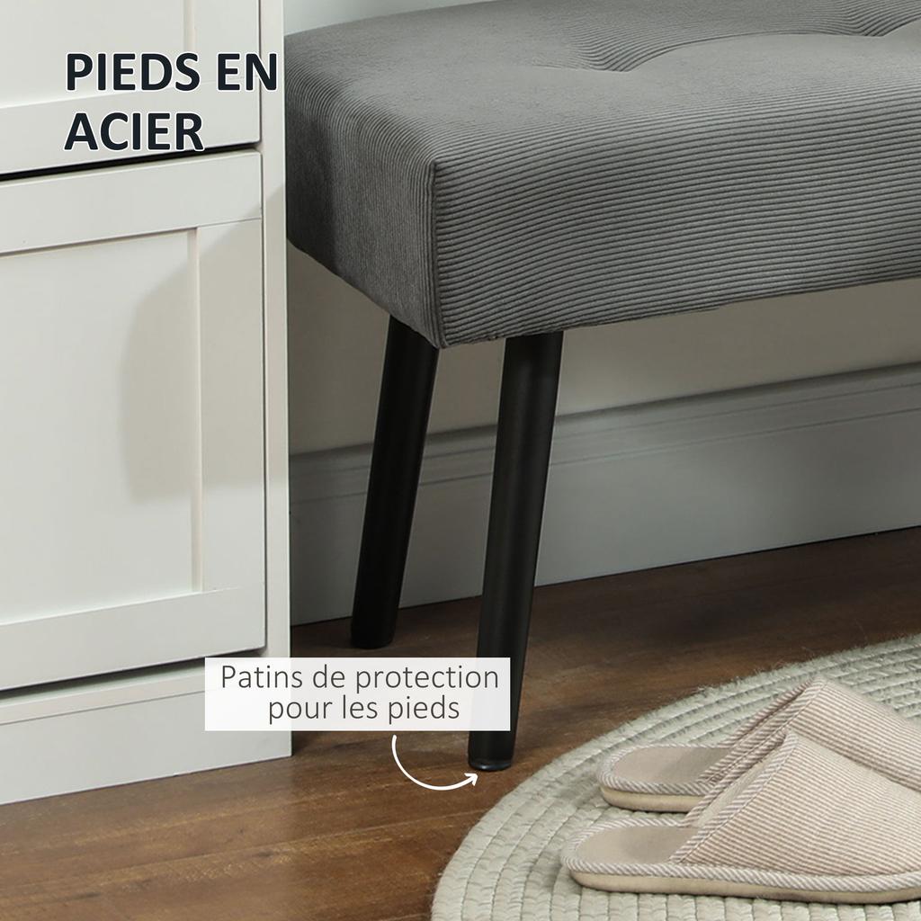Corduroy Upholstered Bench, Black Steel Legs, 220 kg, 100x36x45 cm, Grey