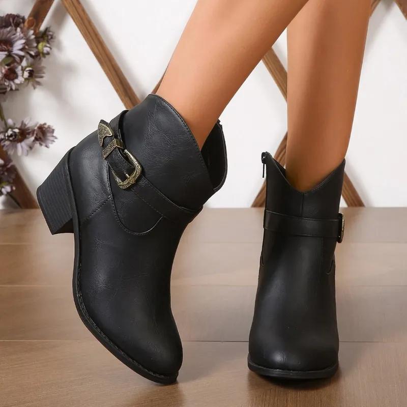 Plus Size Women's Ankle Boots Autumn/Winter New Retro Western Cowboy Boots Fashion Belt Buckle Square Heel Side Zip Short Boots