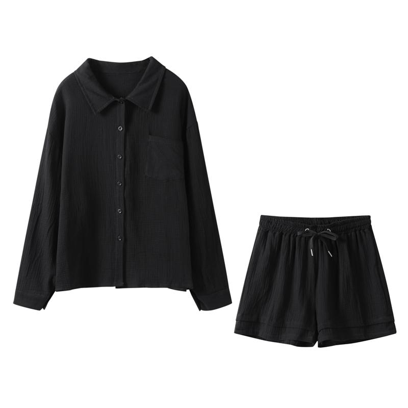 Комплект мятых шорт с широкими штанинами на шнуровке, Мятая ткань, Женский однотонный лонгслив с карманами, Хлопковые шорты, Комплекты из 2 предметов, Повседневный свободный наряд