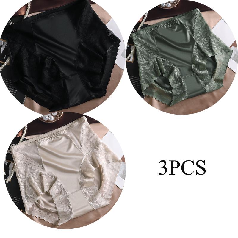 3pcs/sets Sexy High Waisted Lingerie Silky Satin Knickers Briefs Women's Soft Breathable Underwear Lace Breathable Pantys Triangle Panties for Women