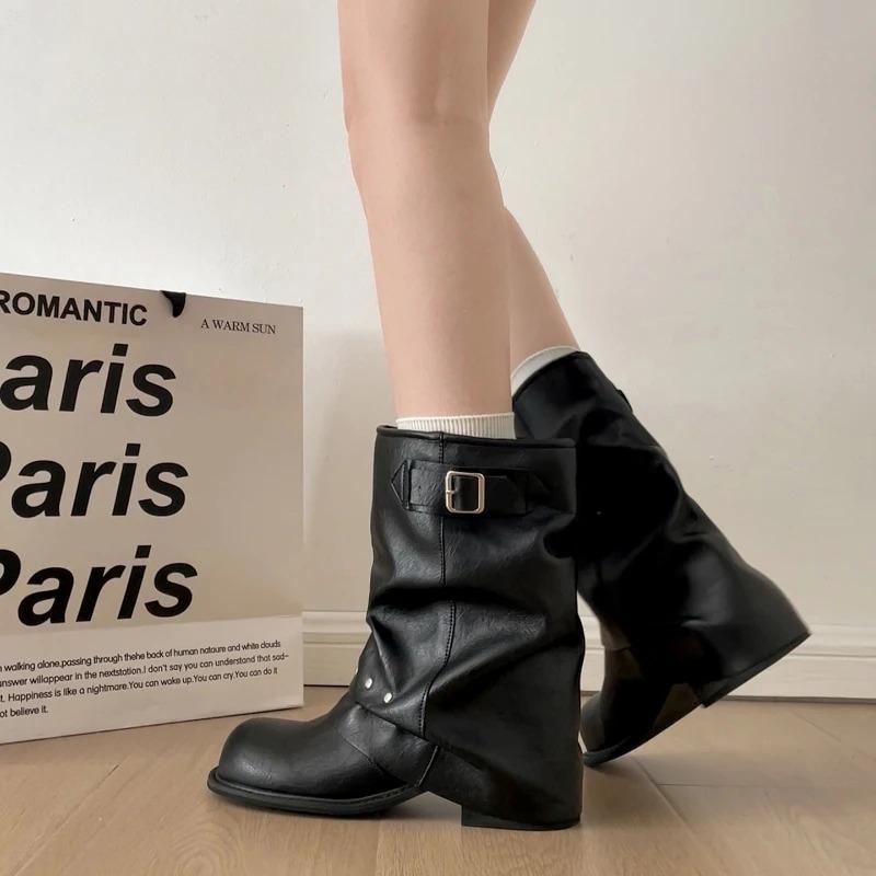 Зимние плиссированные женские западные ботильоны до щиколотки Модные туфли с заклепками и ремешком с пряжкой Женские лаконичные винтажные ботильоны на толстом каблуке