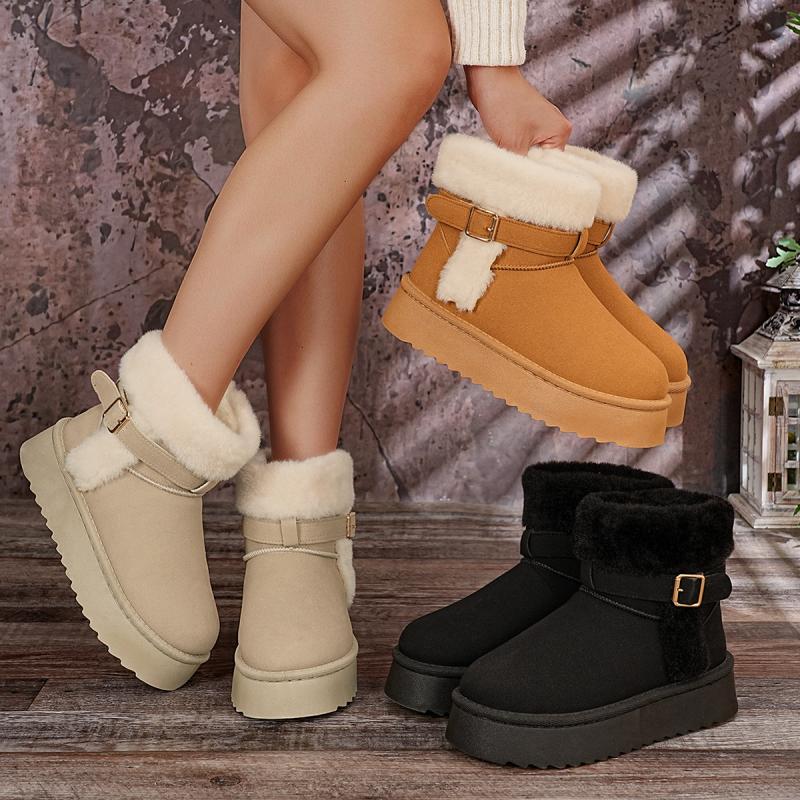Soft Non Slip Thick Bottom Furry Snow Boots Women 2025 Winter Warm Fluffy Fur Ankle Boots with Platform Metal Buckle Plush Shoes