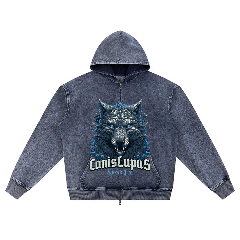 DTG Print Knitted Denim Zip-Up Hoodie Canis Lupus Brother Print Zipper Hoodies