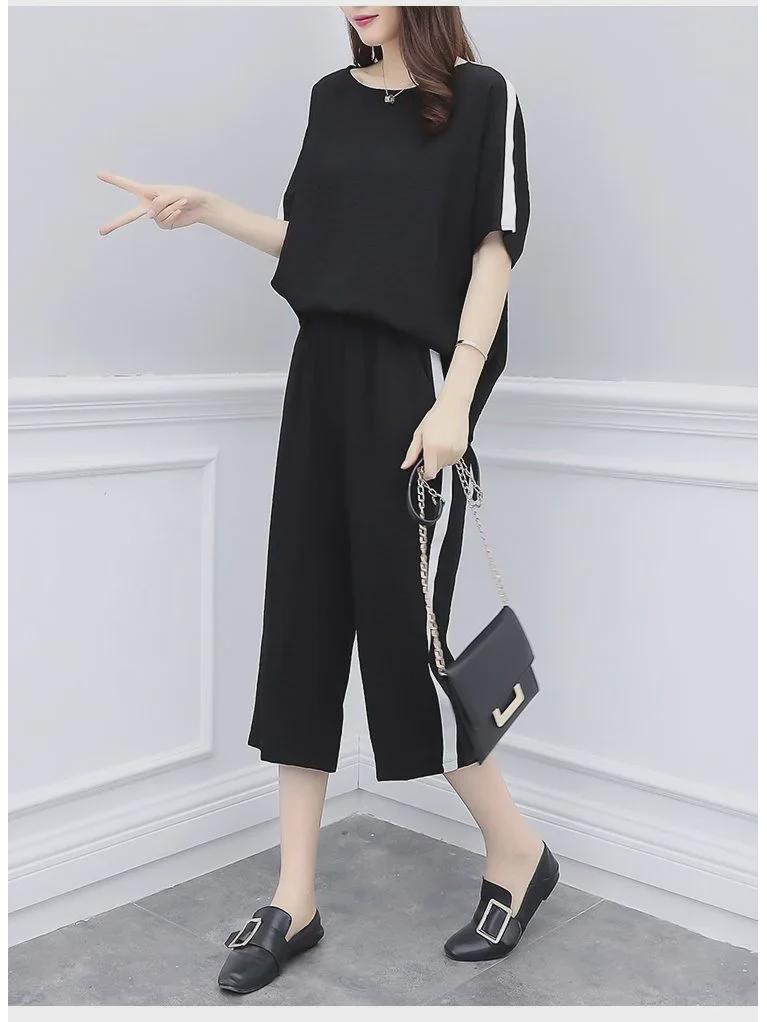 Корейский женский повседневный костюм-двойка больших размеров - Летняя коллекция, свободный крой, короткие рукава с укороченными брюками