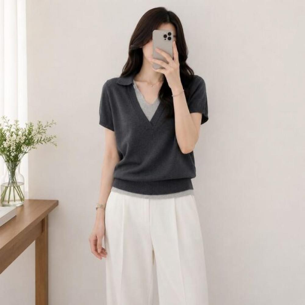Mizqz Women Layered V Neck Color Block Short sleeVe Knit