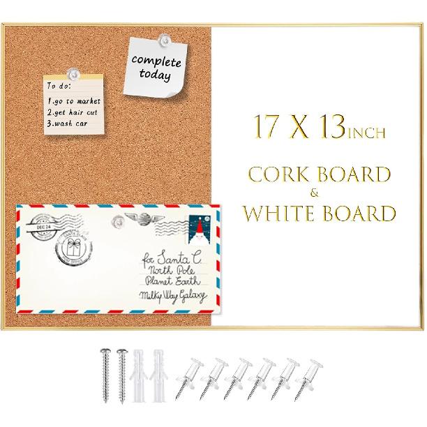 Okydoky Cork Board White Board Combo, Small Size 10.6" x 14.6" Magnetic Dry Erase Board/Bulletin Combination Board, Gold Aluminum Frame, for Home,