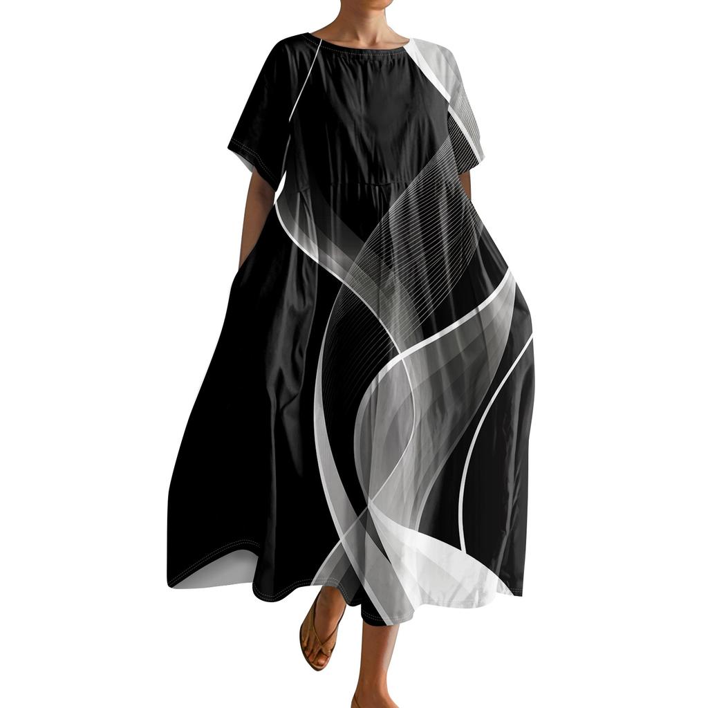 Women's Fashionable Print Round Neck Short Sleeved Loose Hem Pocket Dress