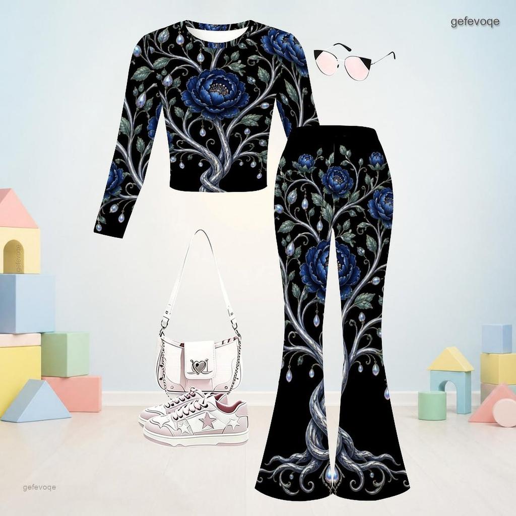 Girls Black Floral Printed Round Neck Long Sleeve Top Flared Pants Two Piece Set