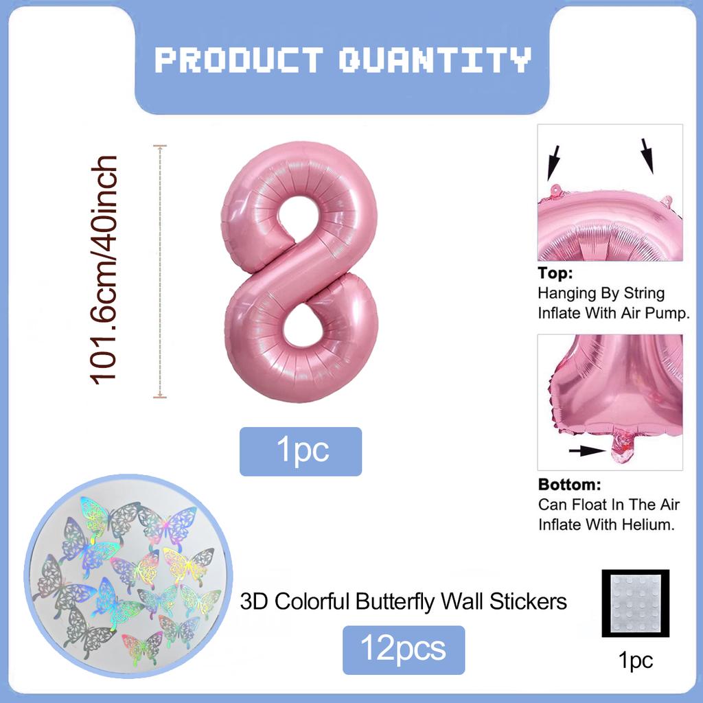 Pink Butterfly Number Balloon, 3D Stereoscopic Butterfly Number 0-9 Used for Anniversary Birthday Party Photography