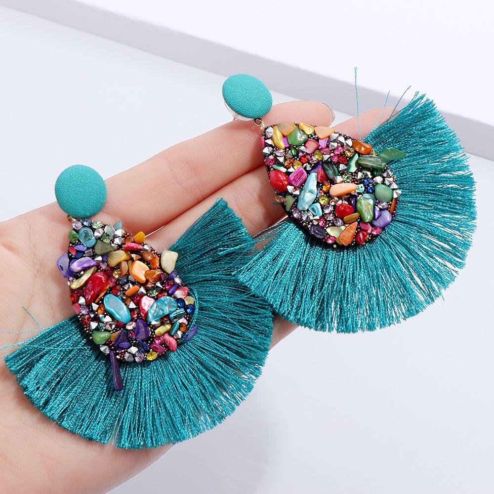 Women Colorful Charm Crystal Glitter Sequins  Dangle Tassel Earrings Fringe Drop Teardrop