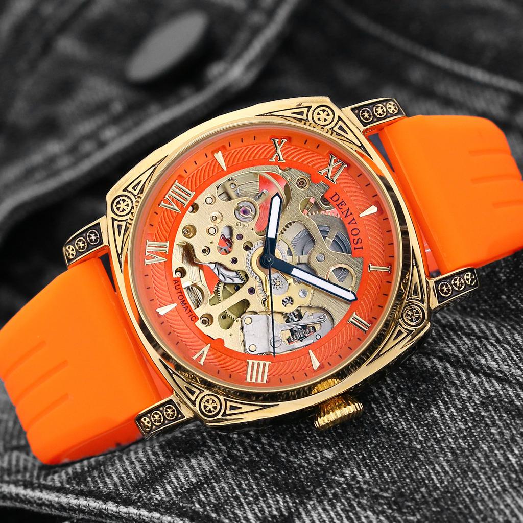 Fully Automatic Mechanical Watch Square Transparent Bottom Watch Men's Mechanical Night Light Men's Hollow Silicone Tape Watch