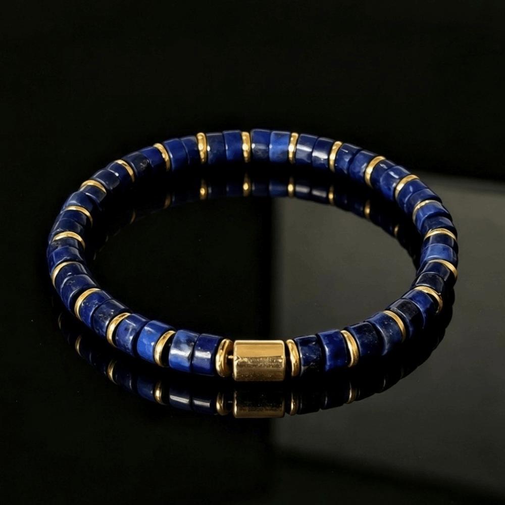 Blue Yellow Men Stone Bracelet Golden Spacer Tube Bead Beaded Hand Chain Stretch Bracelet Men