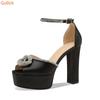 Fashion Rhinestone Twine Peep Toe Sandals Shiny Shoes Square Heel Cover Heel Platform Sandals Crystal Ankle Strap Women Stage Sandals