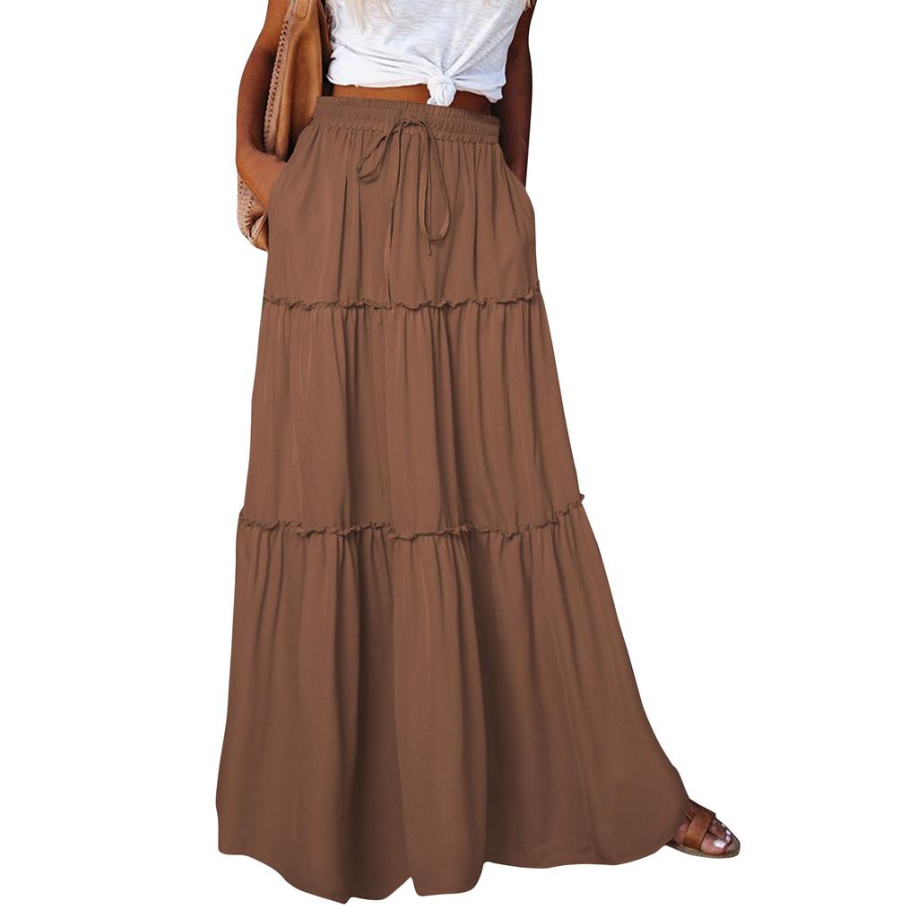 Women's Fashion Solid Color Elastic Waist Skirt Loose Casual High Waist Tie Long Skirt