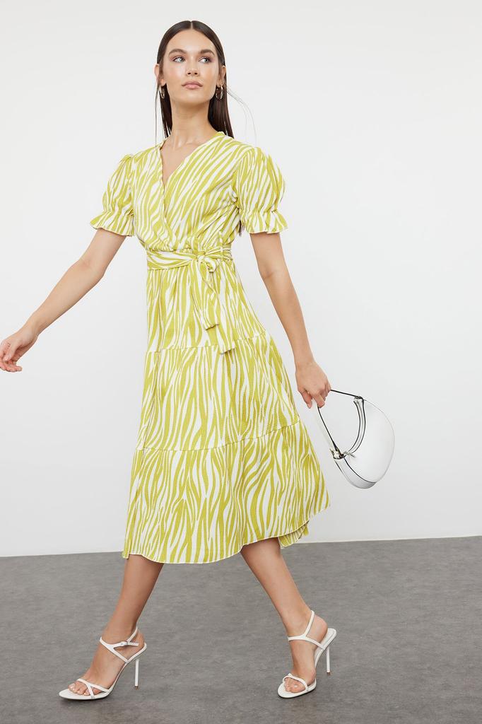 Женское стильное платье, масляно-зеленое платье с принтом, двубортная юбка с поясом, вязаное платье с рюшами