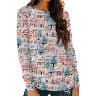 Женские рубашки с длинным рукавом и круглым вырезом, повседневные топы, туники с рождественским принтом, свободные футболки