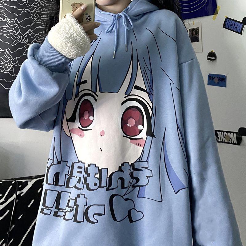 Goth Harajuku Hoodies Women Anime Oversized Sweatshirt Graffiti Cartoon Print Streetwear