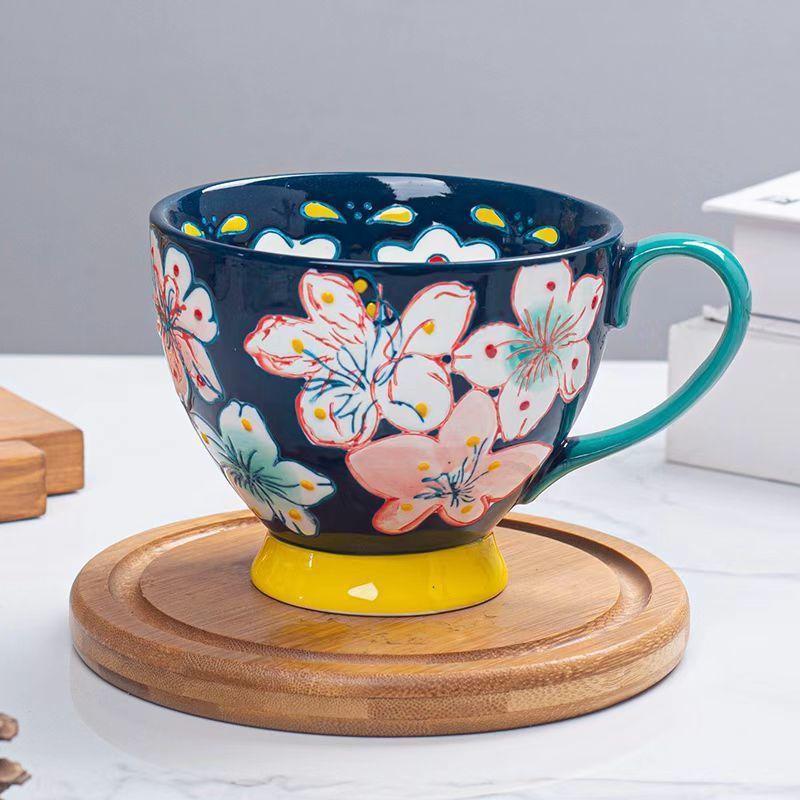 Керамическая чашка для воды с рельефным рисунком, чашка для завтрака с цветочным рисунком, европейская чашка для хлопьев, большая чашка с рисунком, креативная чашка