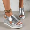 Модные серебристые сандалии на танкетке, кожаная летняя обувь на высоком каблуке, сандалии на платформе с пряжкой, женские сандалии на толстой подошве для улицы, с открытым носком, 2025