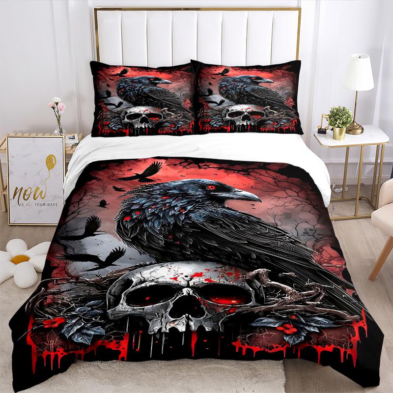 3pcs Crow and Skull Printed Duvet Cover Set (1 * Cover+2 * Pillowcase, Without Core), Suitable for Home Bedroom, Guest Room, Dormitory Decoration