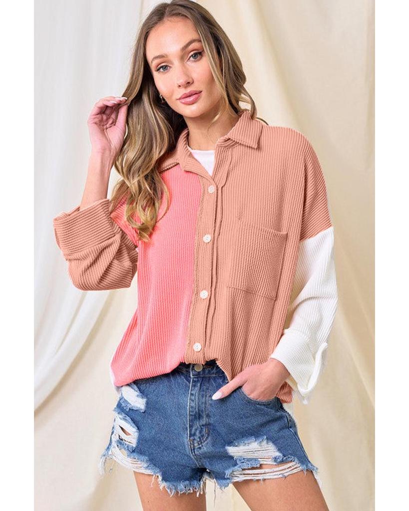 Azura Exchange Pink Ribbed Colorblock Drop Shoulder Shirt with Pocket