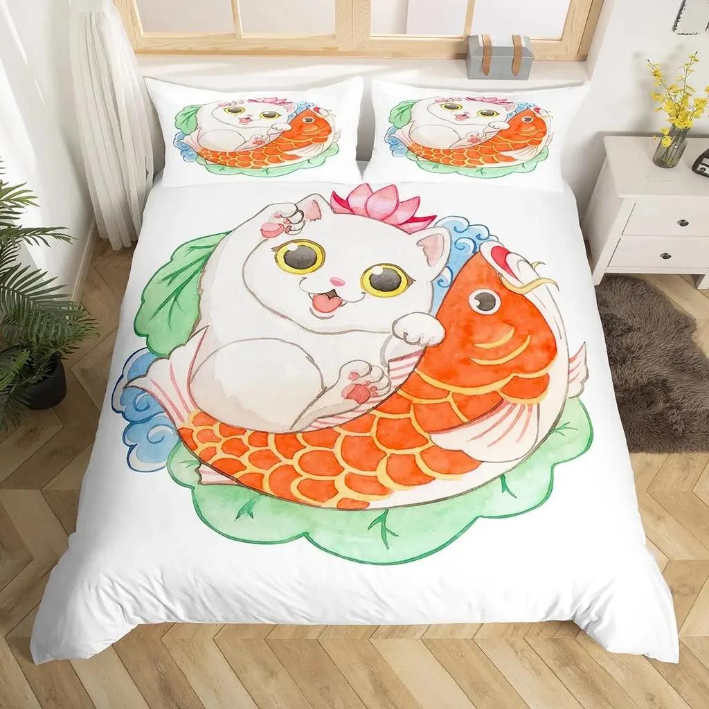 Комплект пододеяльника Lucky Cat в японском стиле с рисунком «Волна Хокусая», комплекты постельного белья, экзотический красный, ворота тории, декор солнца, комплект пододеяльника