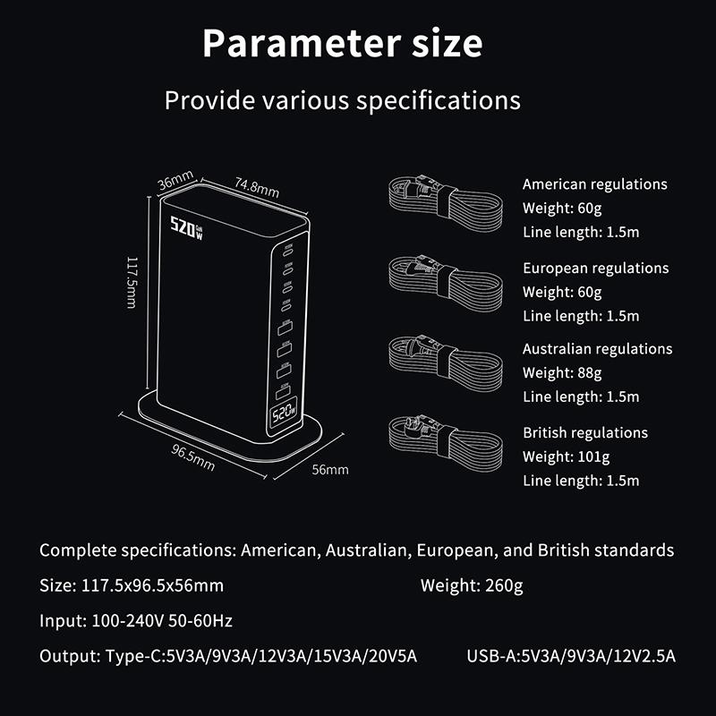 520 Вт 8-портовое настольное зарядное устройство для телефона, ноутбука, планшета со светодиодным дисплеем мощности, адаптер питания для быстрой зарядки PD для компьютера, ПК, для iPhone