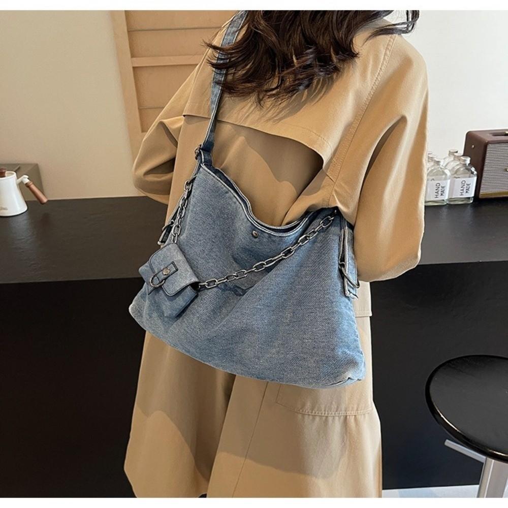 Large Capacity Women's Chain Crossbody Bag Korean Style Satchel Bag Denim Shoulder Bag Travel
