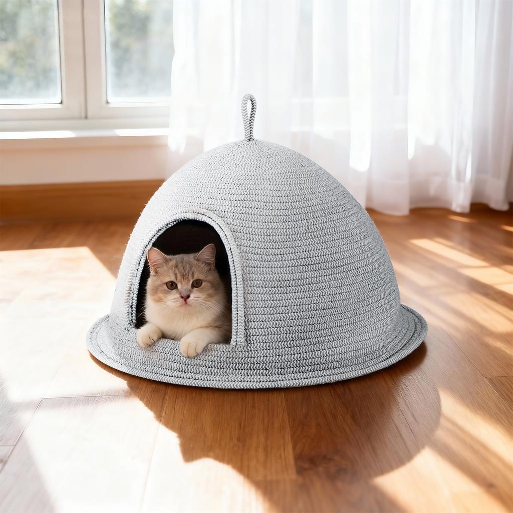 Cat Bed Scratcher Linen-cotton Weaving Kitten Cat Nests Pet Kittens Puppy Semi Enclosed Warm Safe Sleeping Bed with Handle