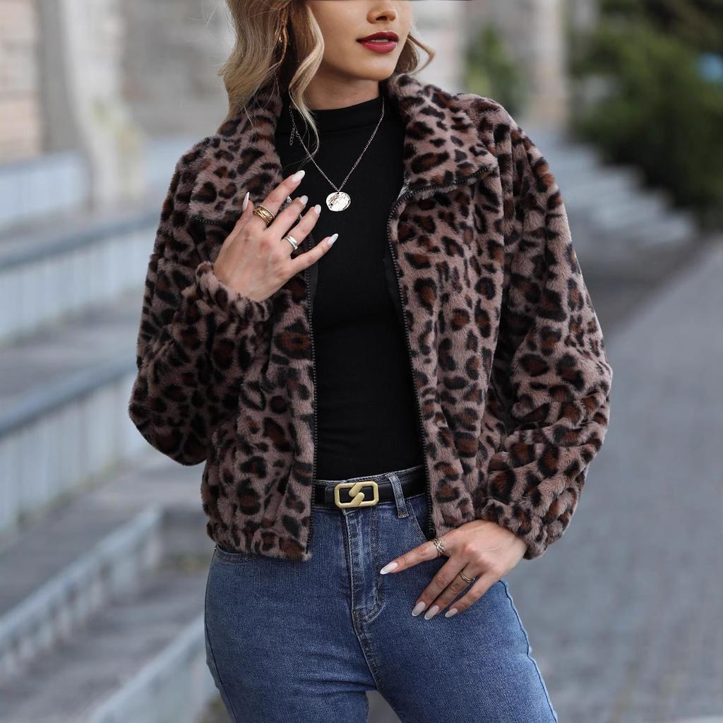 Women's Plus Size Autumn and Winter Loose Zipper Long Sleeve Leopard Print Plush Jacket