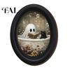 Spooky Cute Halloween Wall Art Gothic Oval Wooden Hanging Plaque, Vintage Framed Black Cat Little Ghost Oil Painting Sign, Waterproof Double-Sided