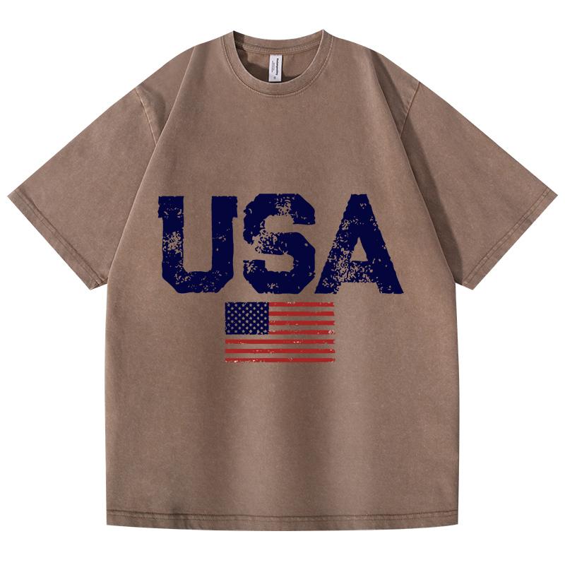 Ретро-стираемая винтажная футболка с надписями США, американским флагом, звездами и полосками, мужская одежда, свободная футболка, осенняя футболка-пуловер