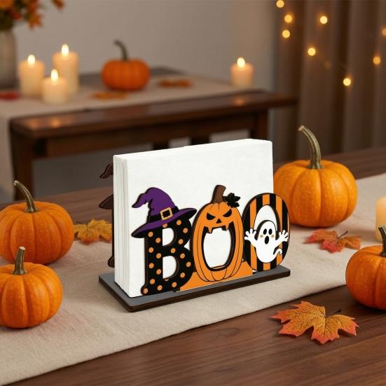 Holiday Gift for Kids Halloween Wooden BOO Napkin Holder, Cartoon Ghost Pumpkin Witch Hat Paper Towel Table Decor Wood Centerpiece Home Party & Dining