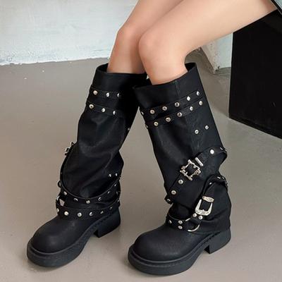 Весна/осень, толстый каблук, элегантные металлические сексуальные модные сапоги до середины икры, новые повседневные однотонные удобные женские туфли с пряжкой