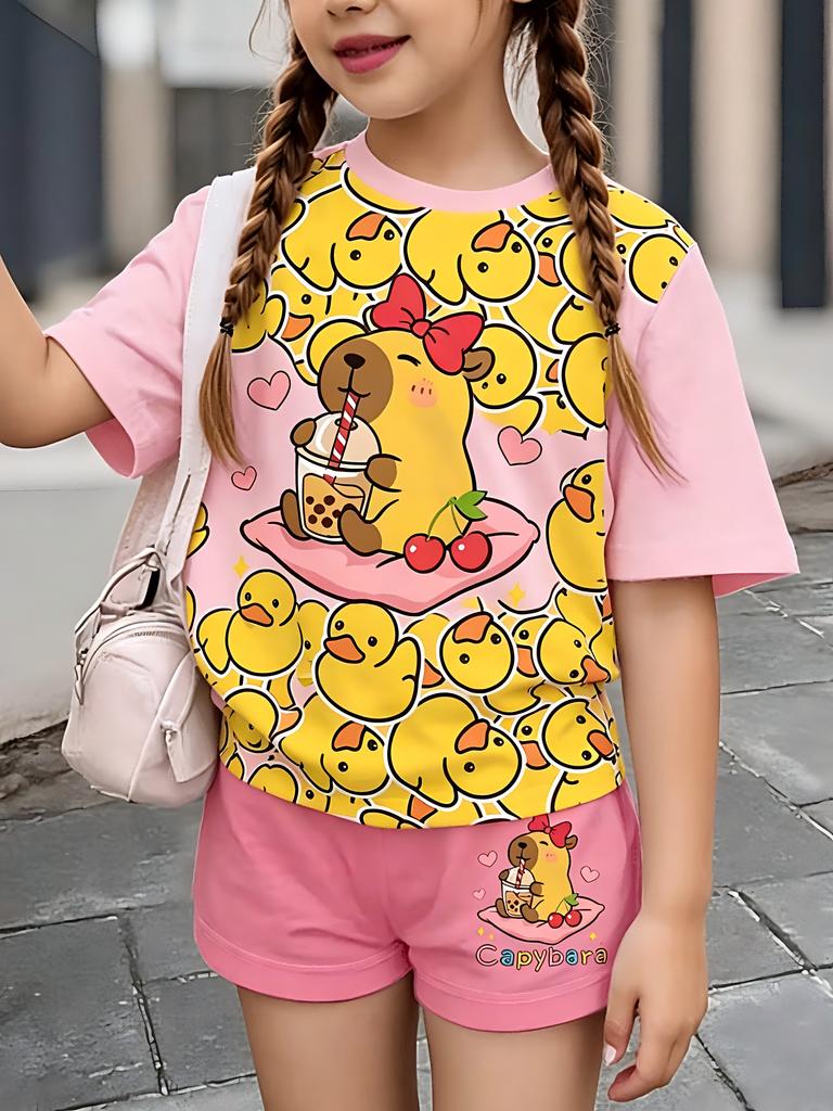 Girls' Short-Sleeve Crew Neck T-Shirt and Shorts Set, Cute Capybara Print Casual Home Kids Outfit for Daily Wear