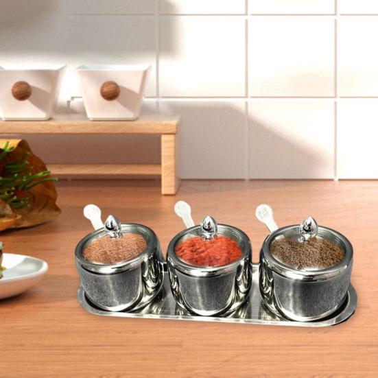 Stainless Steel Seasoning Containers Set with Lid Spoon Tray 3 Grids Condiment Jar Spice Container Canisters Pots for Serving Sugar Pepper Salt Spice