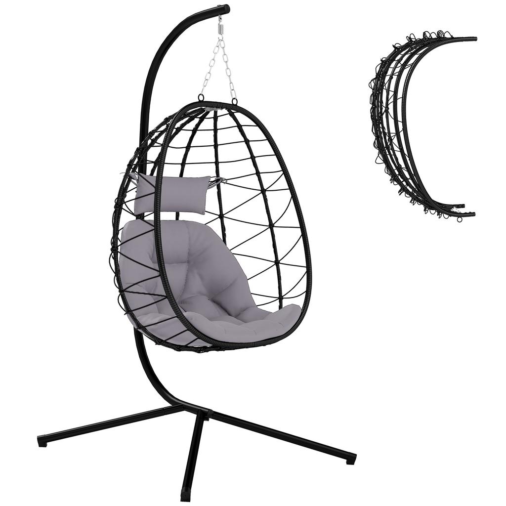 Hanging Egg Chair Outdoor Indoor Garden Swing Chair with Folding Basket, Thickened Cushion, Garden Hanging Chair with Stand, Headrest for Patio
