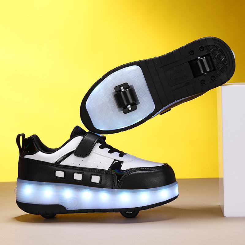 Светящиеся кроссовки для мальчиков Спортивная обувь Обувь для трения Твердая волшебная заплатка Может заряжаться Двухрядные скользящие тапочки с колесами