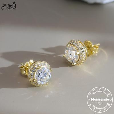 Серьги-гвоздики Effie Queen из чистого серебра 925 пробы с 14-каратным золотом, муассанит круглой огранки 0,5 карата / 1 карат, простые украшения для женщин, свадебная вечеринка MOE11