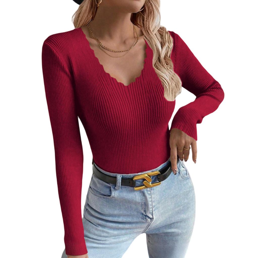Women's V-neck Solid Color Long-sleeved Pullover Knitted Sweater Bottoming