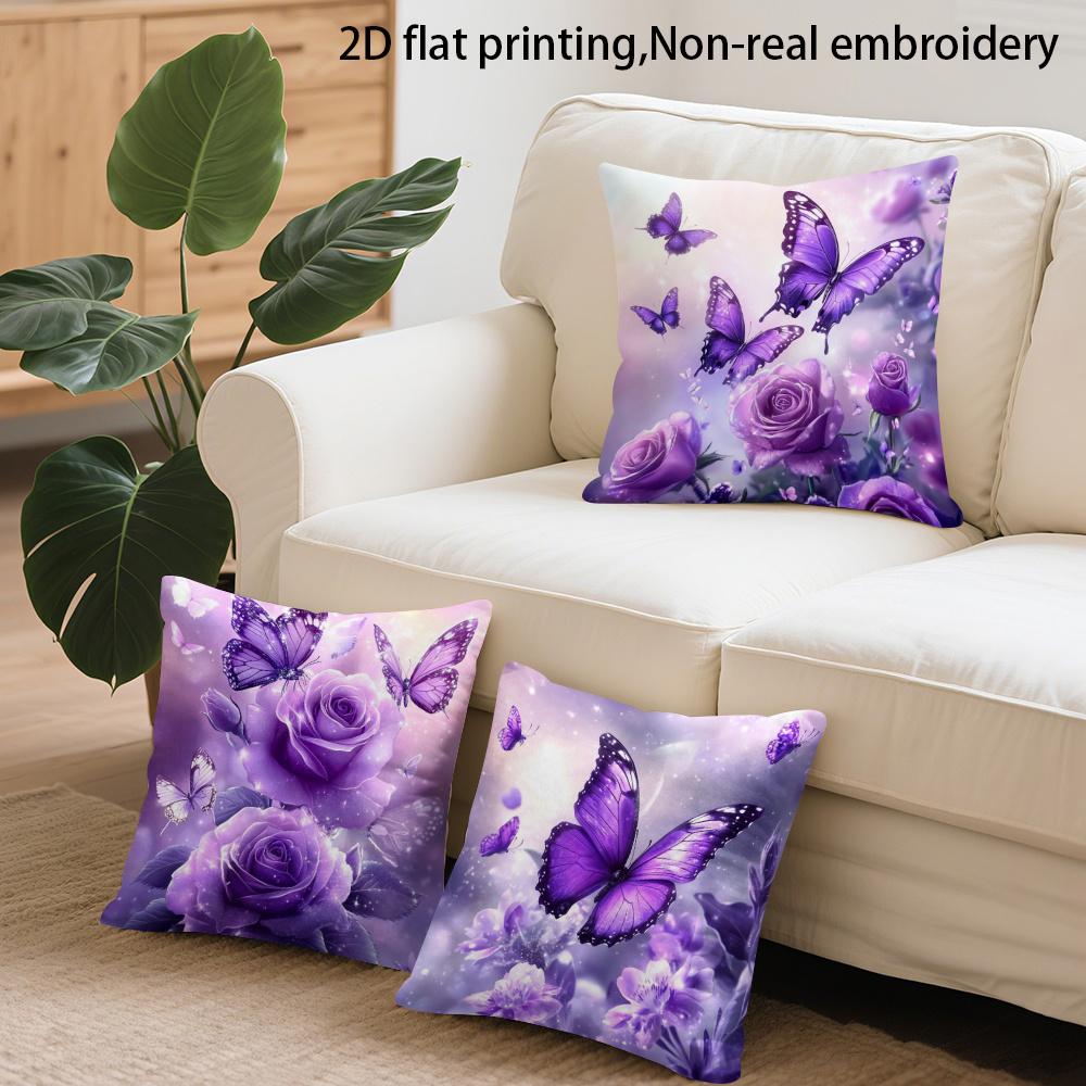 2D Flat - A Set of Four Flat-Printed Pillowcases Featuring Non-Realistic Embroidery of Purple Butterflies And Flowers, Measuring 17.7 Inches by 17.7 I